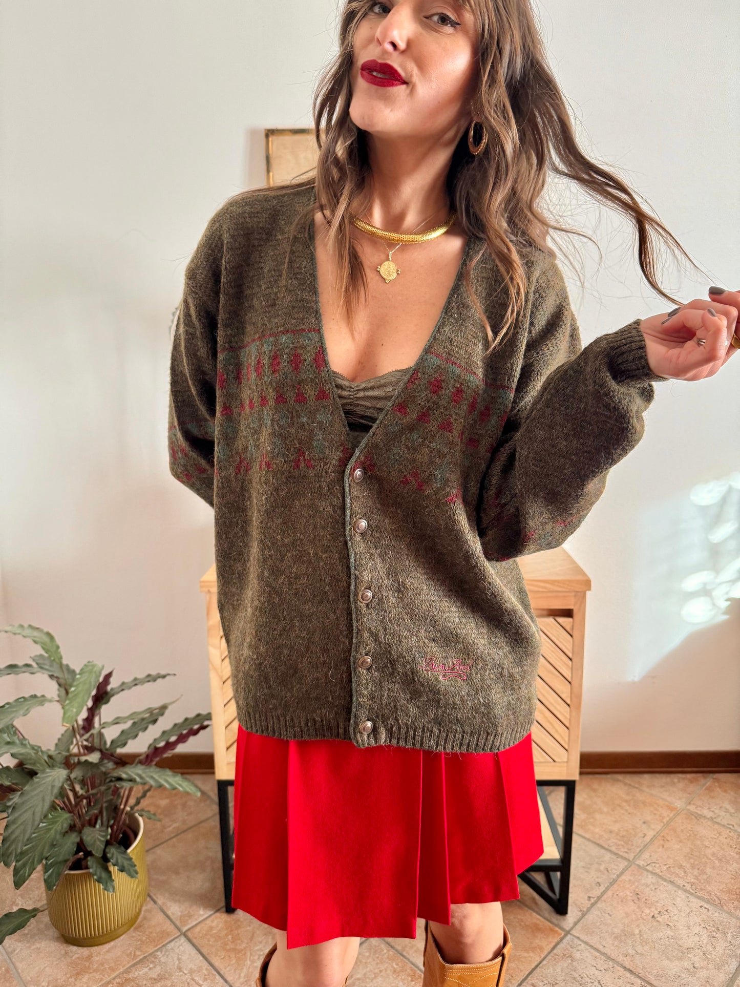 1990’s vintage green, red and khaki geometric knit wool and alpaca blend cardigan
