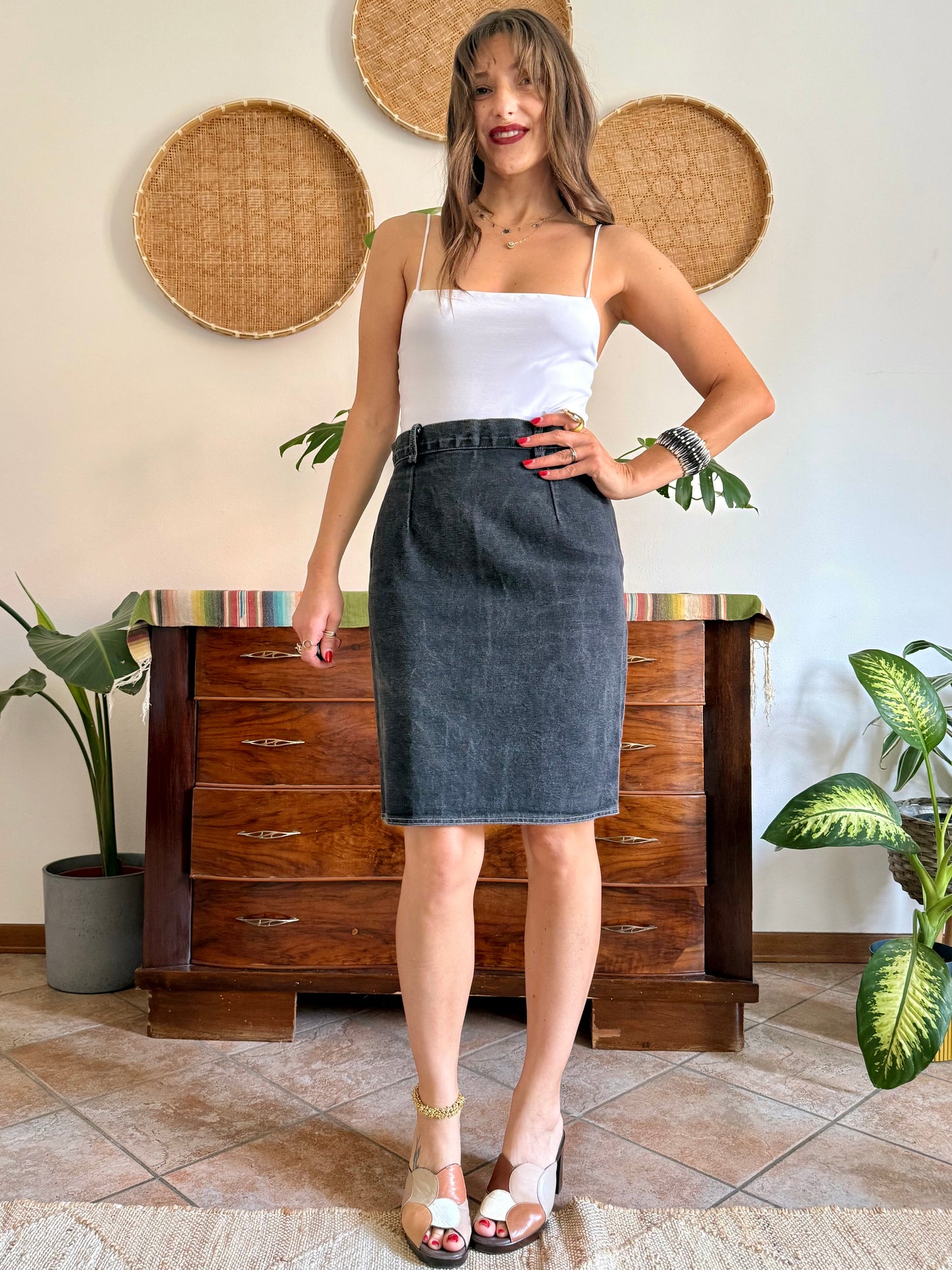 1970’s vintage black denim midi skirt