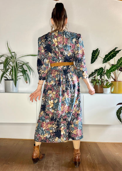 1970's vintage blue and rose coloured floral maxi dress