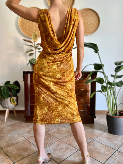 1960's vintage tan and mustard yellow floral print midi dress with cowl back