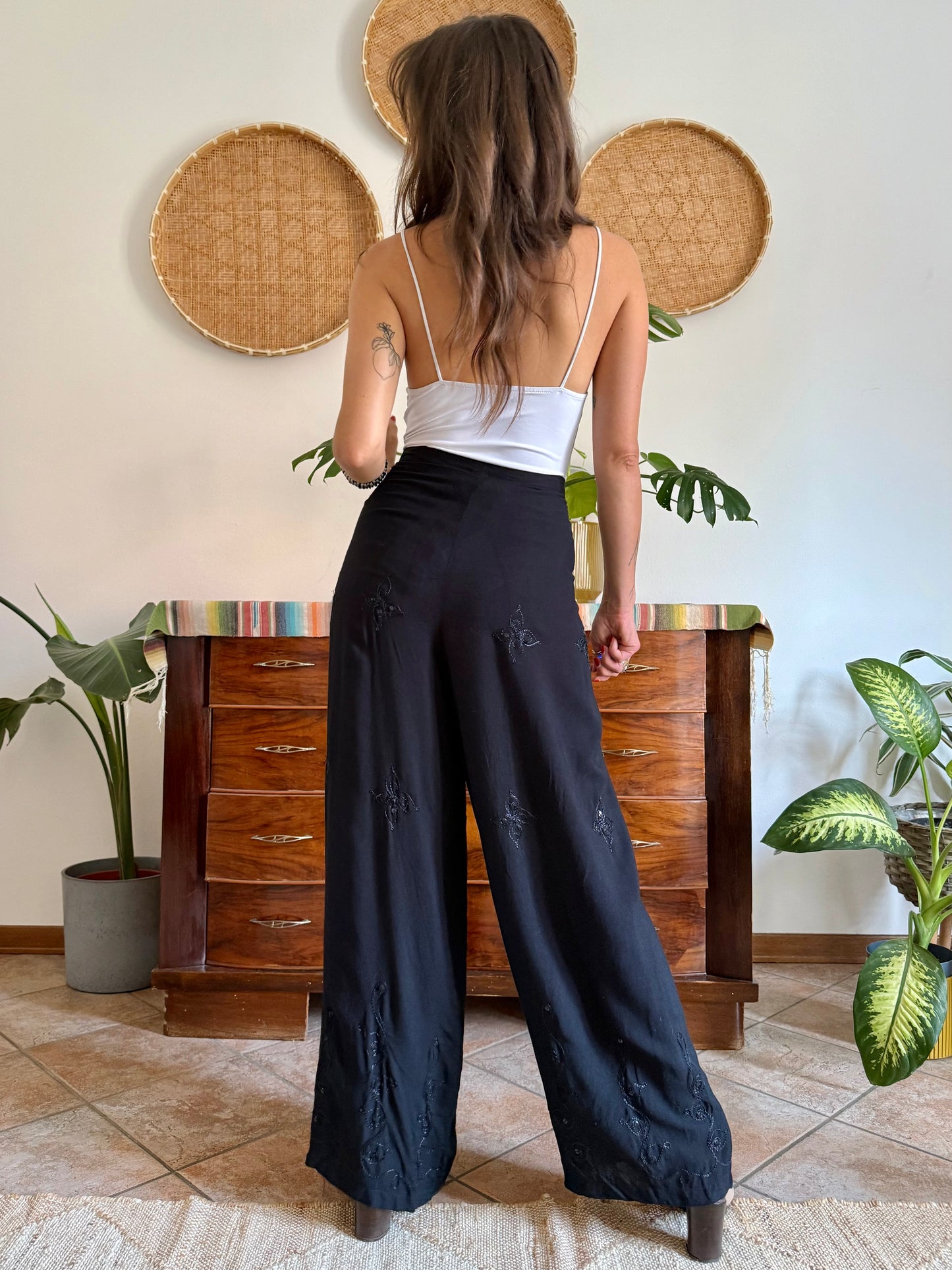 1990’s vintage black adjustable tie wide leg trousers with floral embroidery and sequin detailing