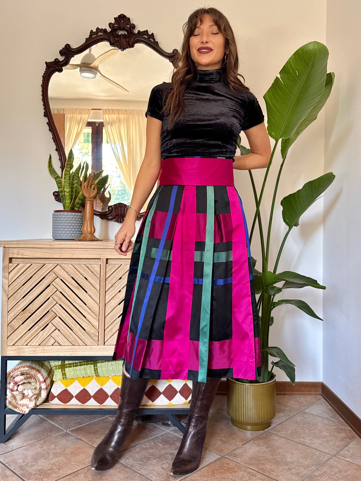 1970’s vintage black, fuchsia,green and blue plaid satin midi skirt