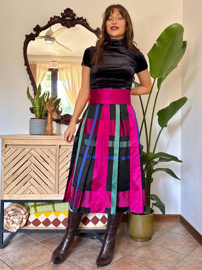 1970’s vintage black, fuchsia,green and blue plaid satin midi skirt