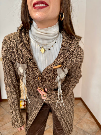 Y2K vintage chocolate brown and tan knit duster cardigan with suede flower details