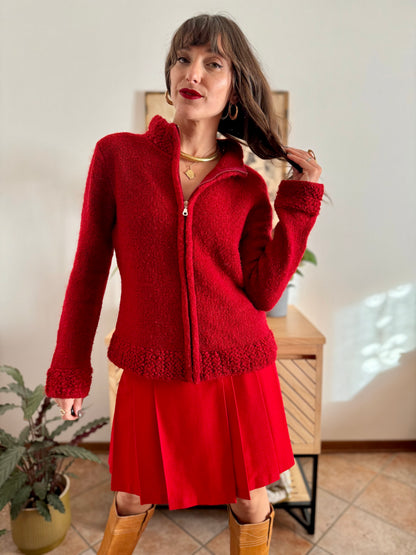 1990’s vintage textured cherry red knit zip up cardigan