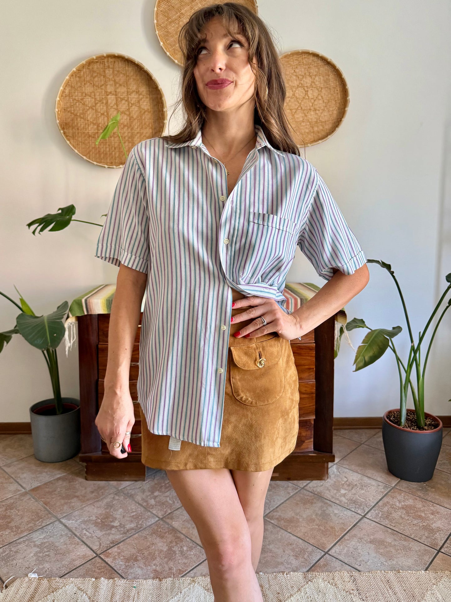 1970’s vintage lavender, turquoise and cream vertical stripe shirt