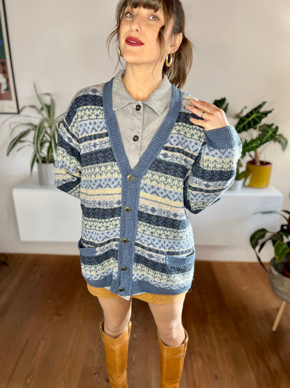 1970's vintage oversize blue and cream stripe cardigan