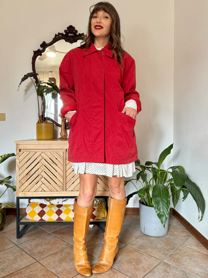 1990’s vintage cherry red chore coat with diamond embroidered detailing