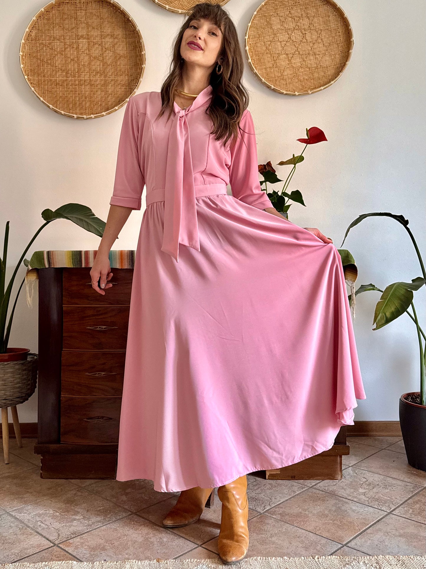 1970’s vintage pink maxi dress with bow tie collar