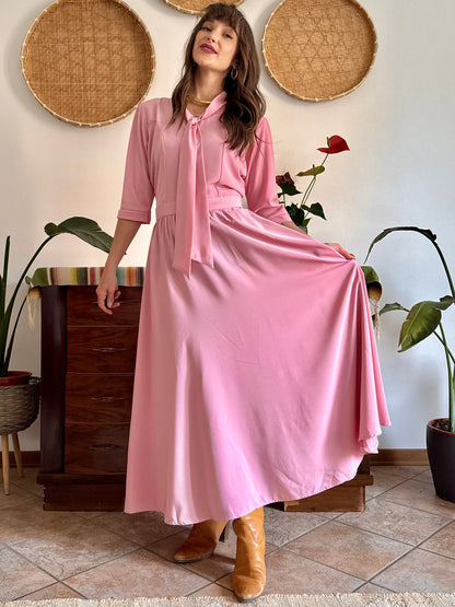 1970’s vintage pink maxi dress with bow tie collar
