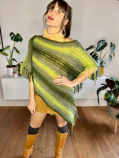 1970's vintage wool multitonal green stripe knit poncho with fringe details