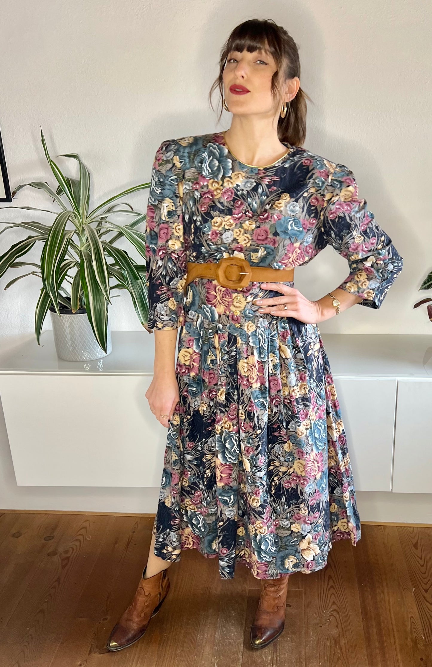 1970's vintage blue and rose coloured floral maxi dress