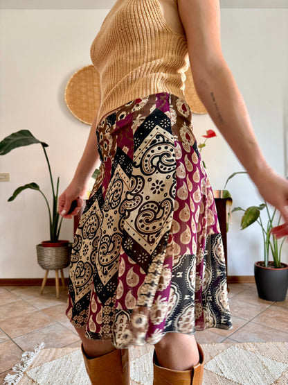 Y2K vintage burgundy, tan and black geometric print midi skirt