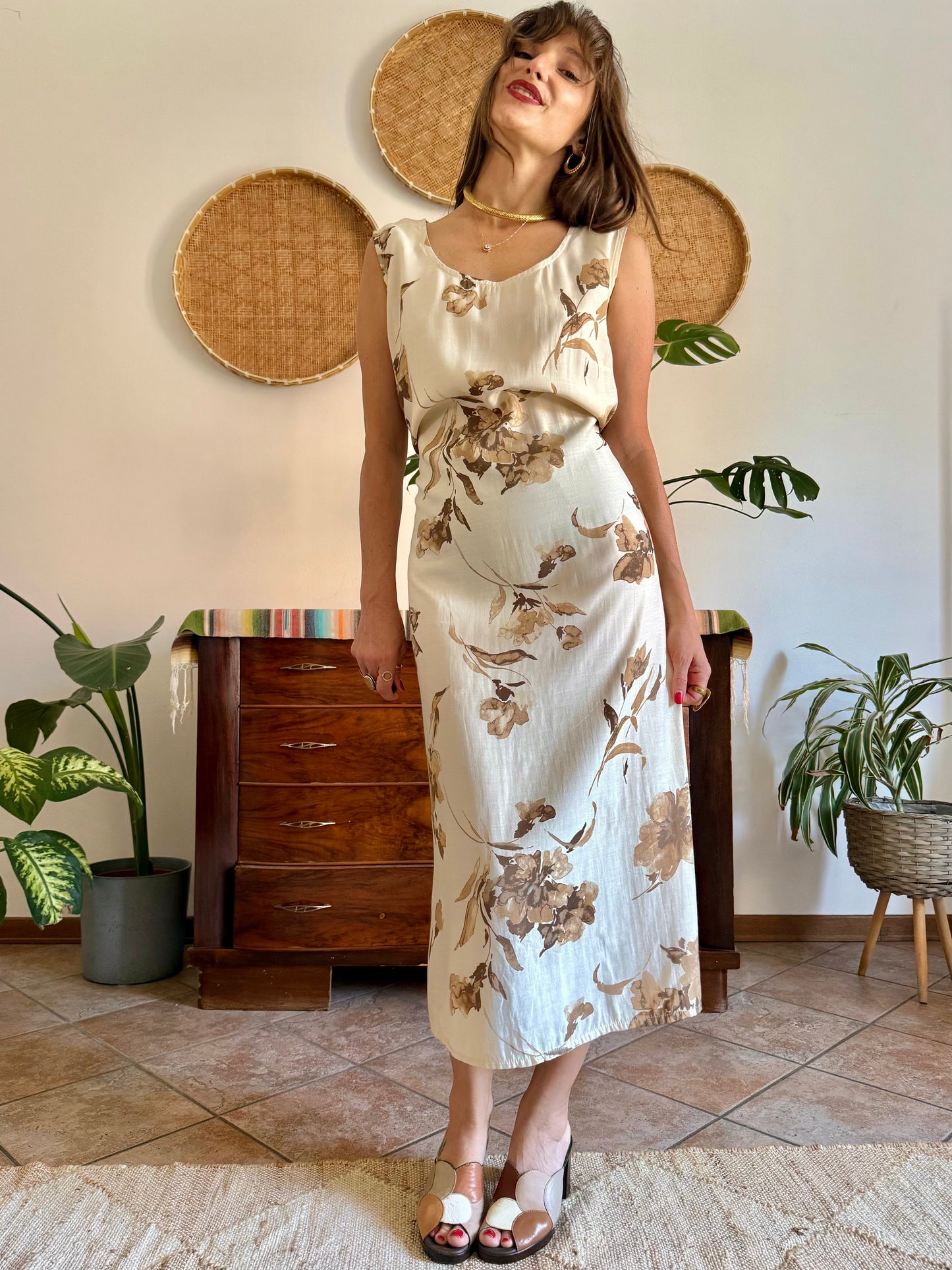 1990's vintage beige floral maxi dress with chocolate brown floral print