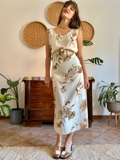 1990's vintage beige floral maxi dress with chocolate brown floral print