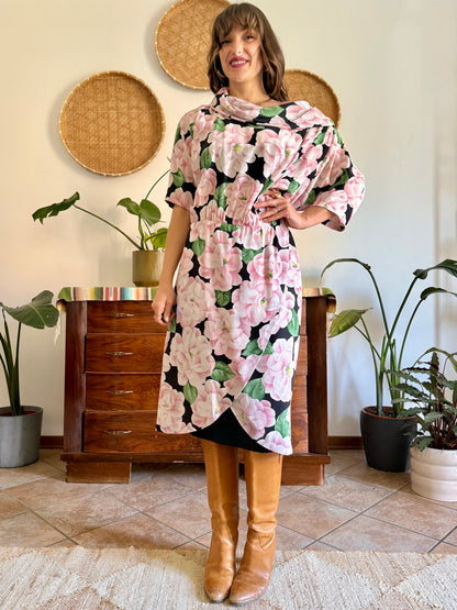 1960’s vintage pink, green and black silk floral print dress