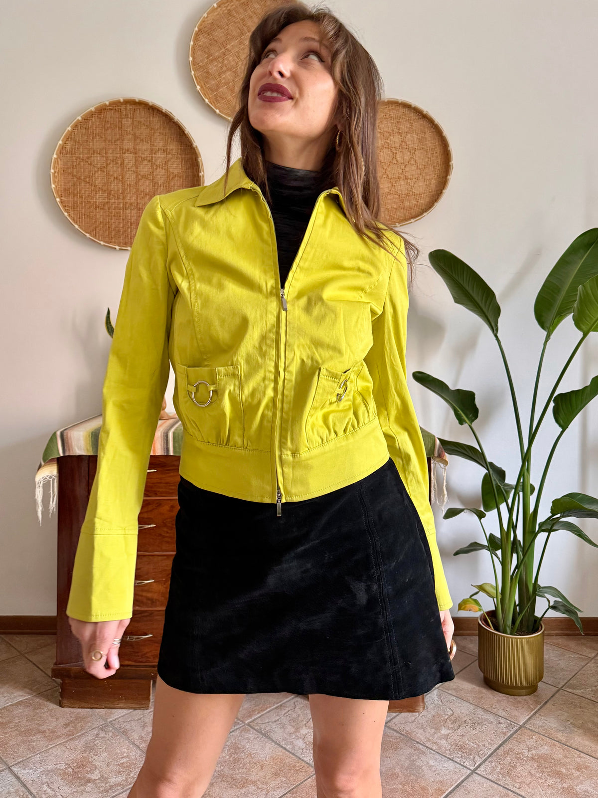 Y2K vintage chartreuse jacket with silver metal details