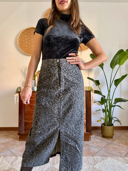 1970’s vintage dark grey animal print denim midi skirt