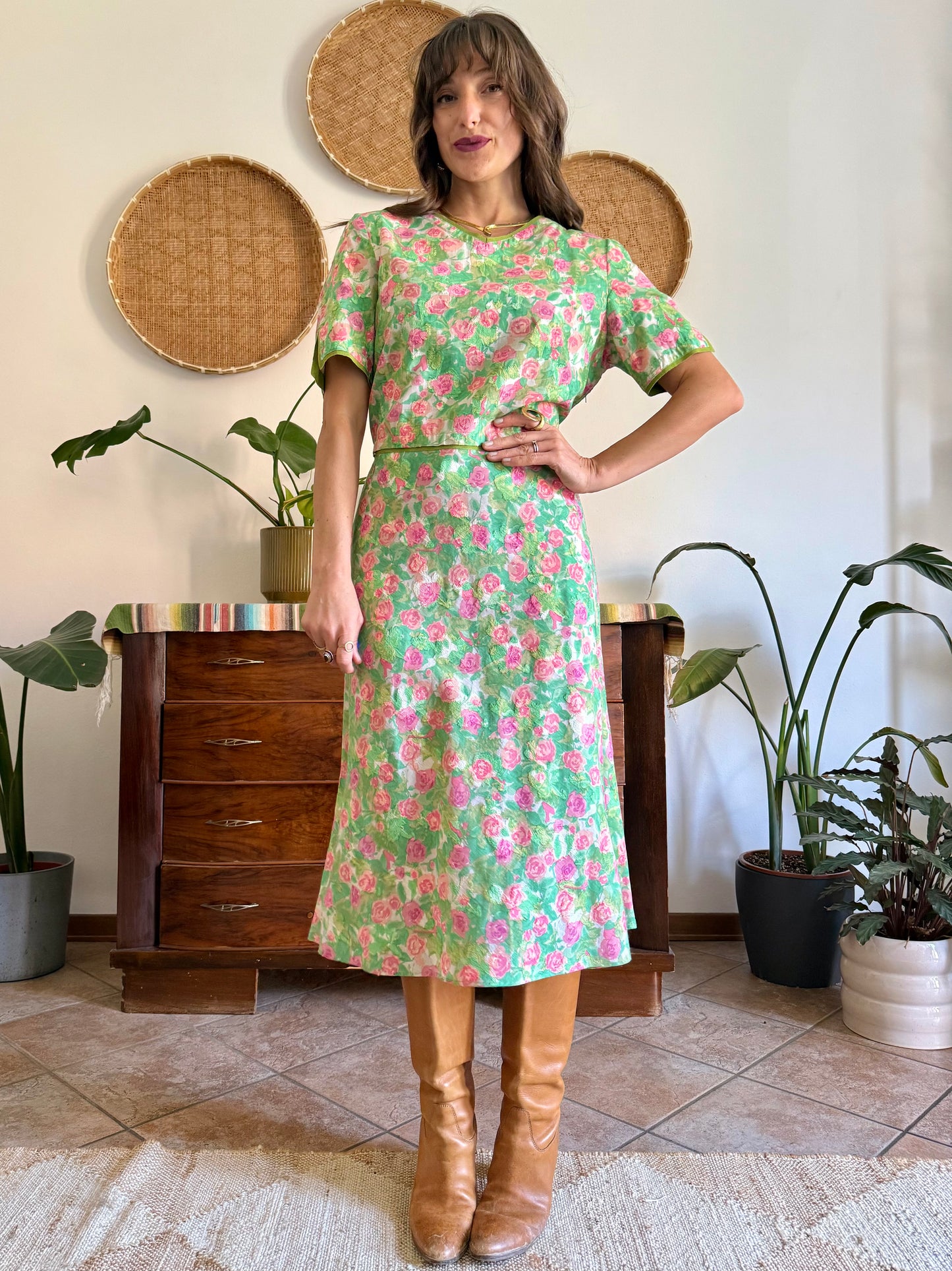 1960’s vintage semi sheer green, pink and white textured floral print midi dress