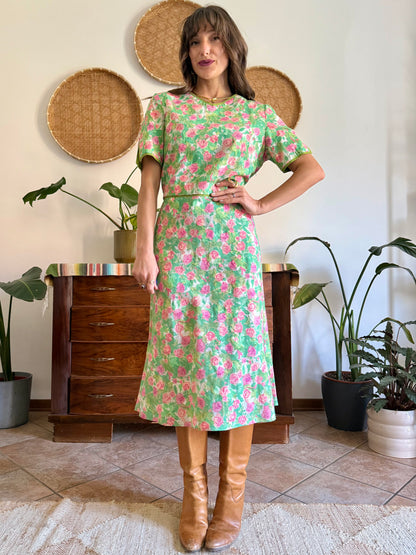 1960’s vintage semi sheer green, pink and white textured floral print midi dress