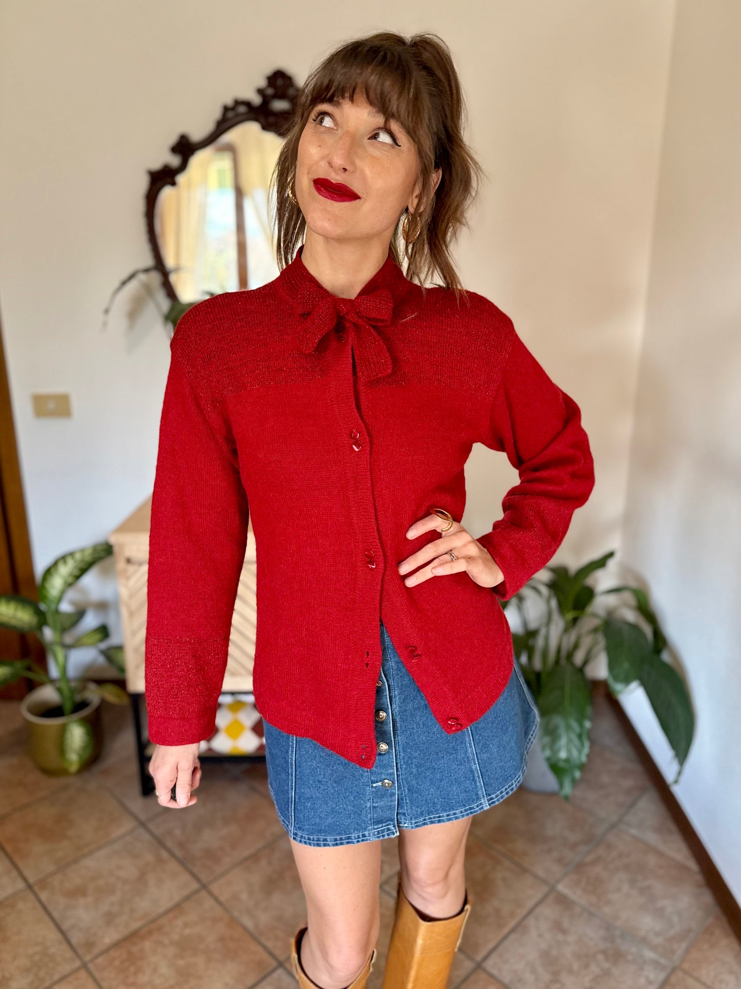 1960’s vintage cherry red hand knit wool cardigan with bow detail