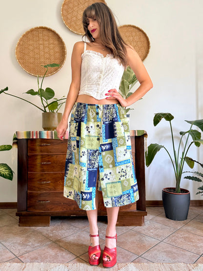1990’s vintage navy, blue and green textured floral patchwork print midi skirt