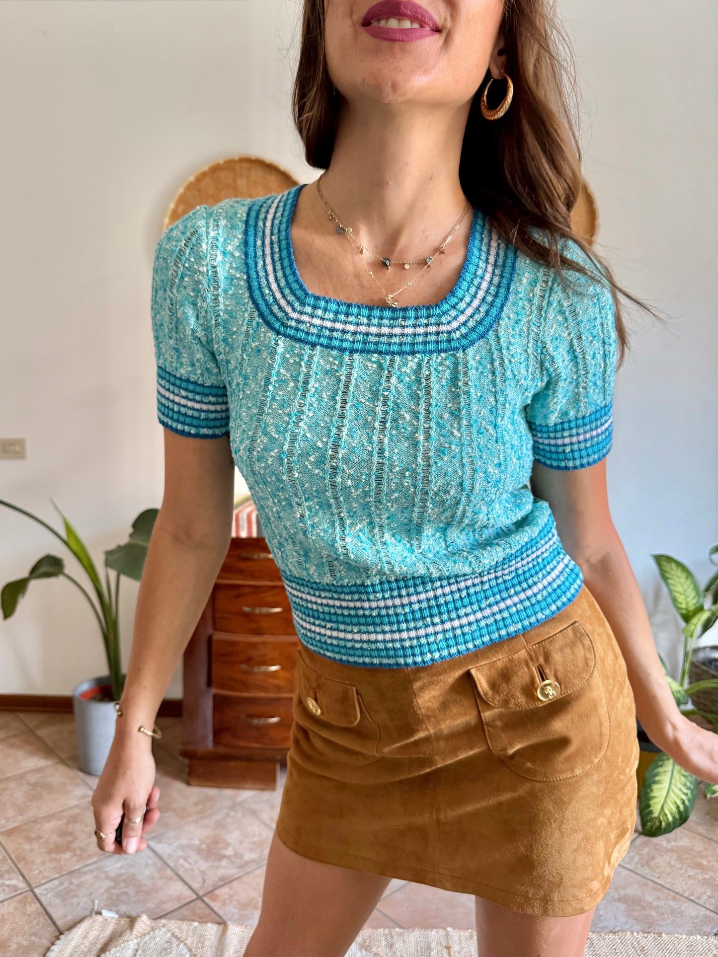 1970’s vintage turquoise,cream and blue textured knit top