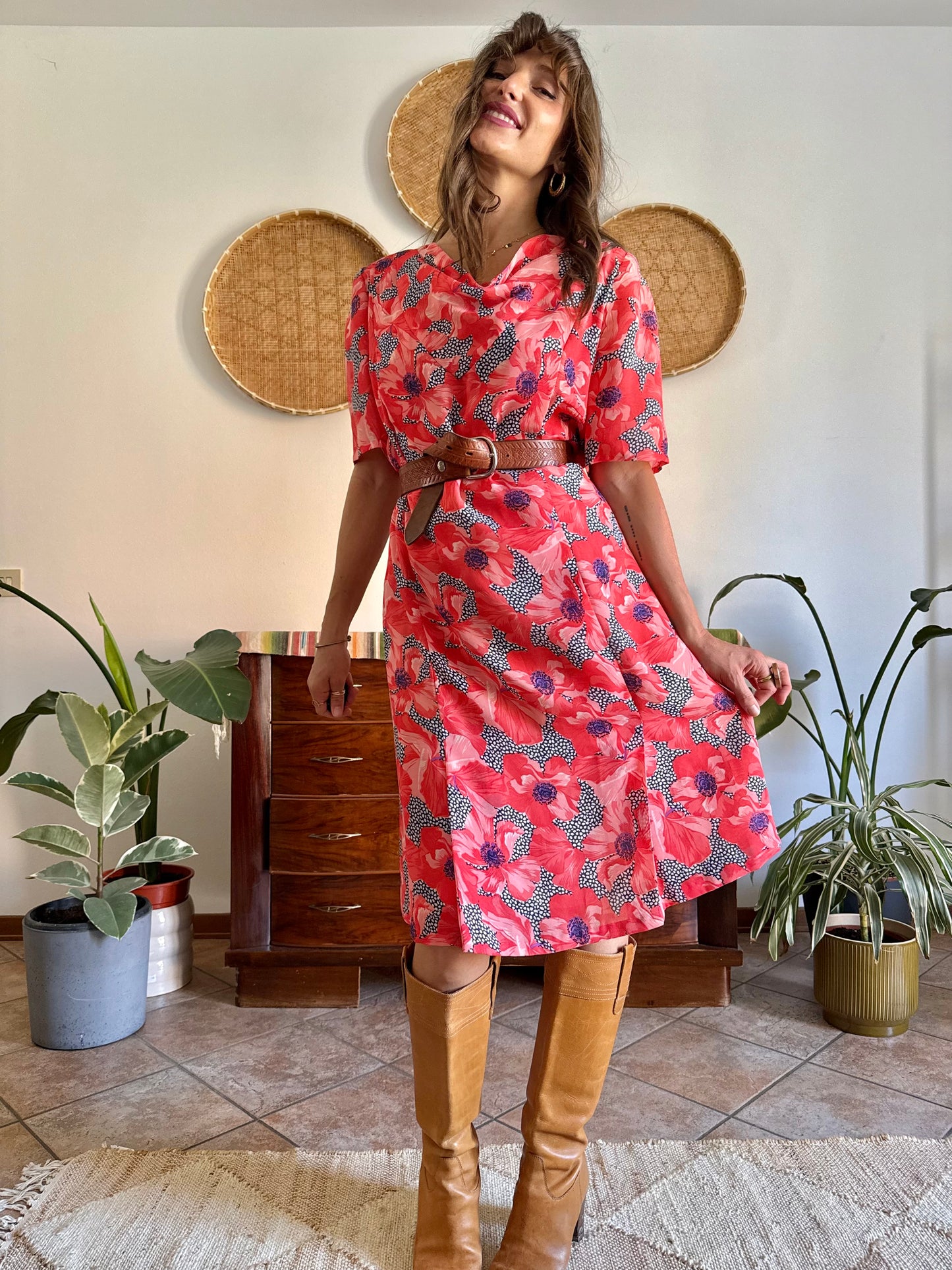 1960’s vintage punk and purple floral print midi dress with cowl neck