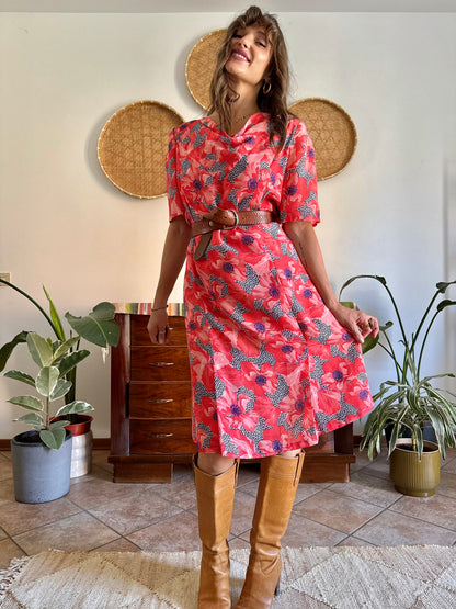 1960’s vintage punk and purple floral print midi dress with cowl neck