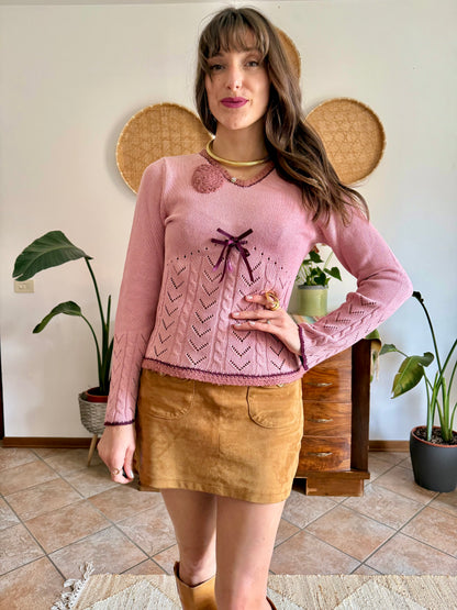 Y2K vintage pink knit bell sleeve knit pullover with bow details