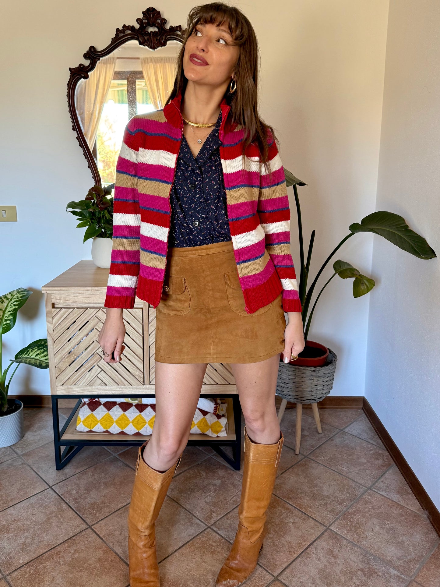 1990's vintage red, pink and blue stripe zip up wool knit cardigan