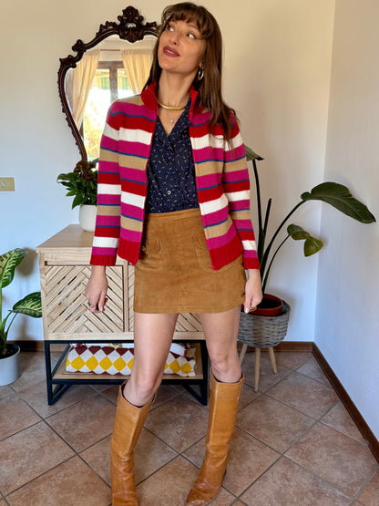 1990's vintage red, pink and blue stripe zip up wool knit cardigan