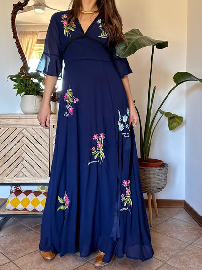 Y2k vintage navy blue belle sleeve maxi dress with floral embroidery