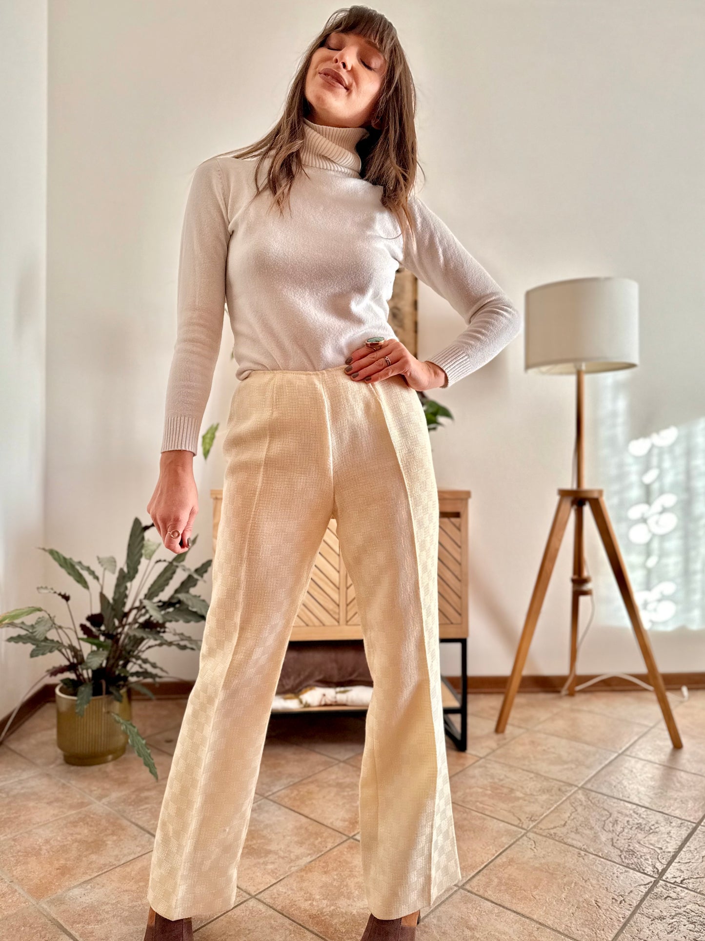 1970's vintage cream checkered weave tweed wool trousers
