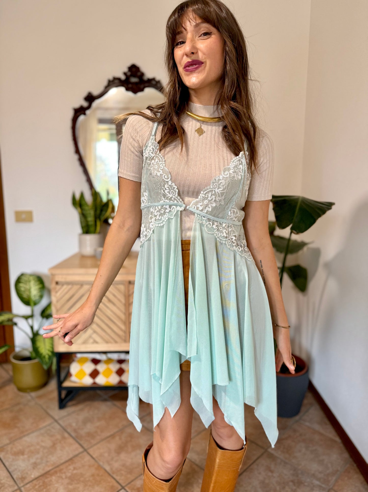 Y2K vintage asymmetrical light turquoise and lace slip