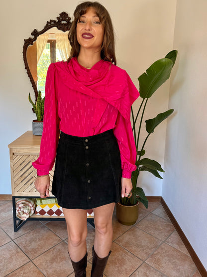 1970’s vintage fuchsia geometric weave blouse with scarf neck detail
