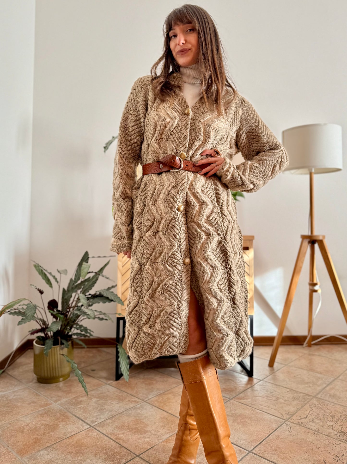 1970's vintage beige and cream chevron knit wool button down midi dress