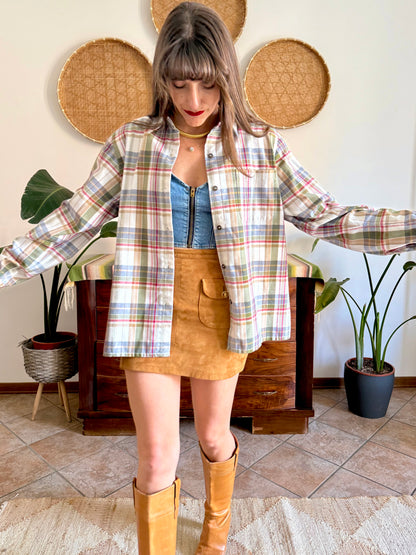 1970's vintage red, green and cream textured western style plaid button down shirt