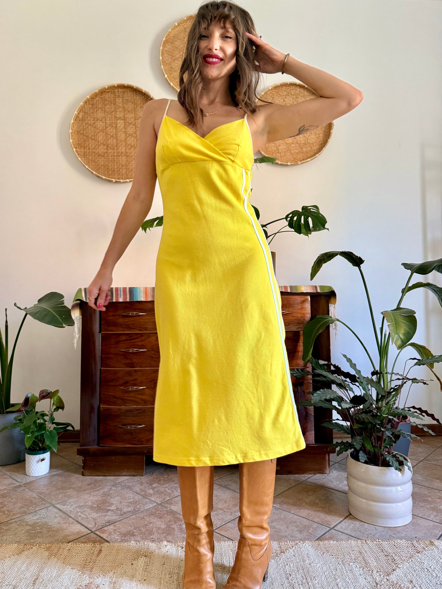 1990’s vintage canary yellow woven cotton midi dress with white stripe detailing