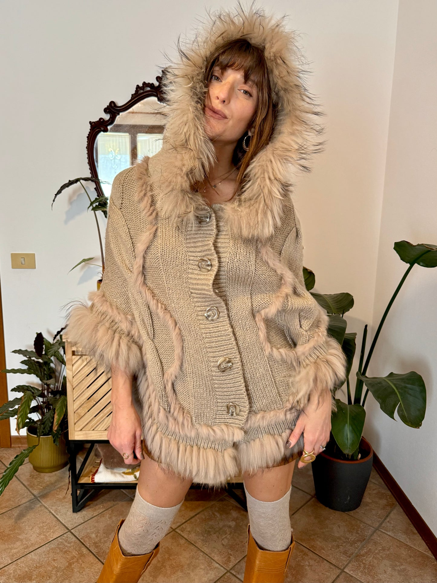 1970's vintage beige knit mohair poncho with fur trimming