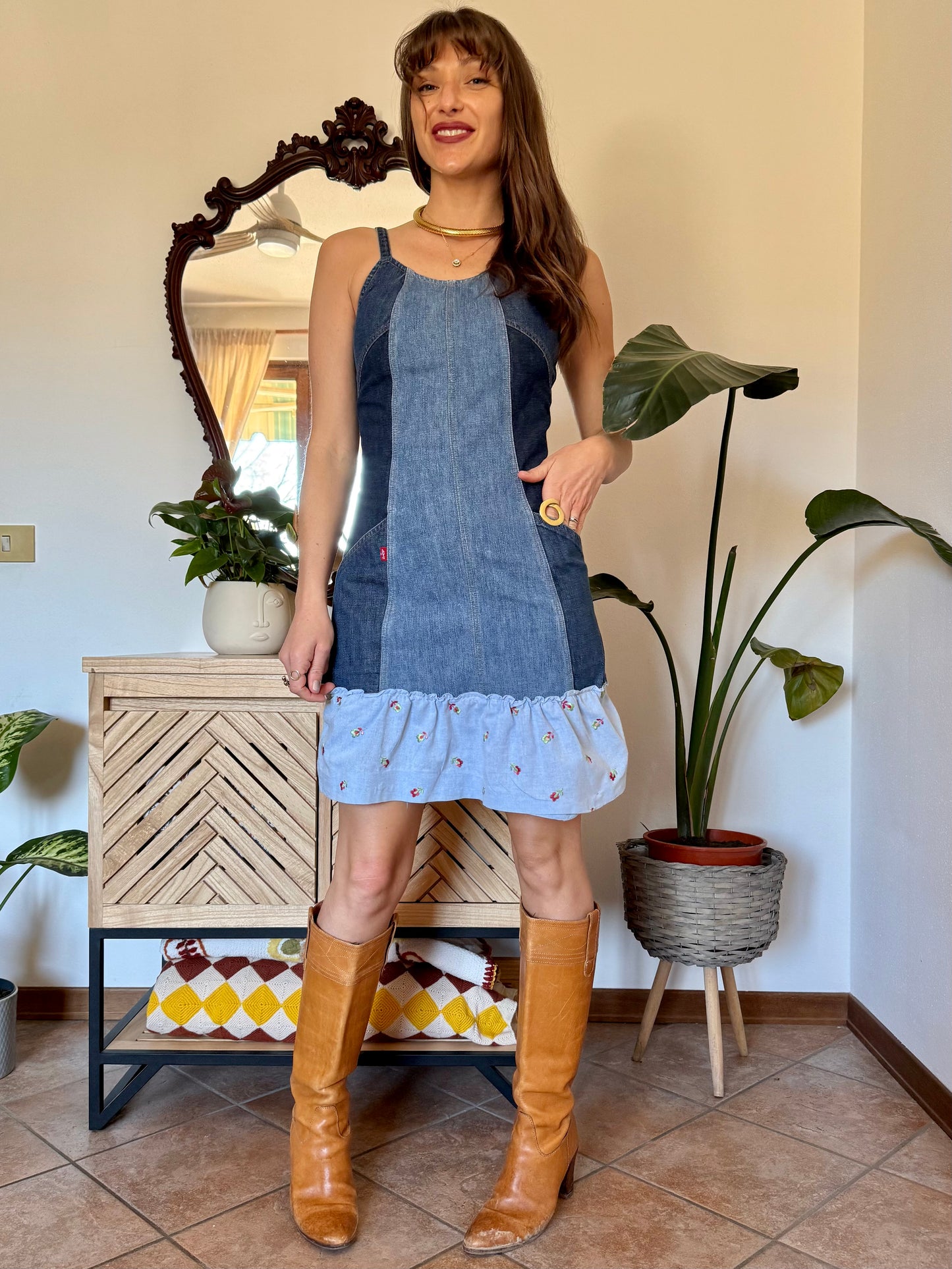 Y2k vintage denim Levi's mini dress with floral embroidery ruffle trim