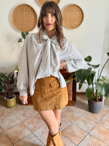 1970's vintage grey and white polkadot bow tie blouse