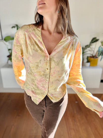 1970's vintage pink and green watercolour effect floral blouse