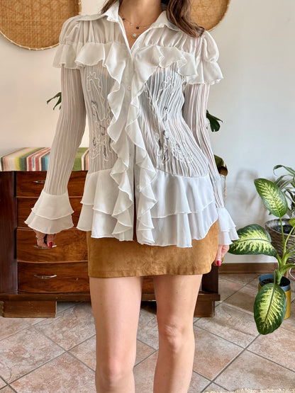 1990’s vintage sheer white silk blend textured ruffle blouse with bell sleeves and floral embroider