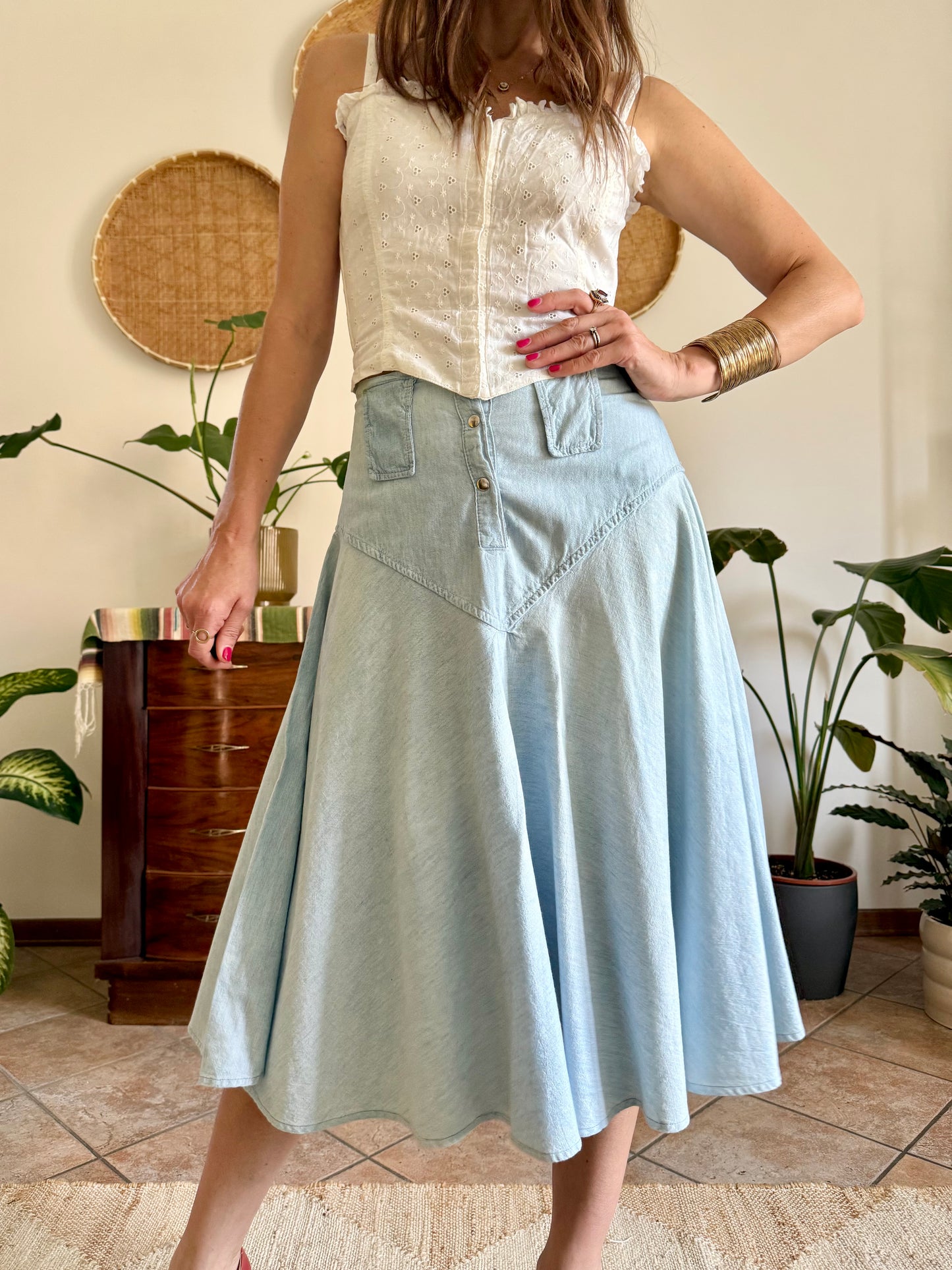 1970’s vintage light wash denim midi skirt