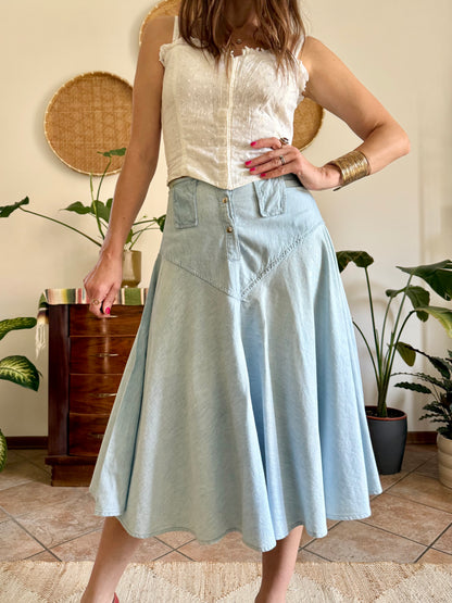 1970’s vintage light wash denim midi skirt