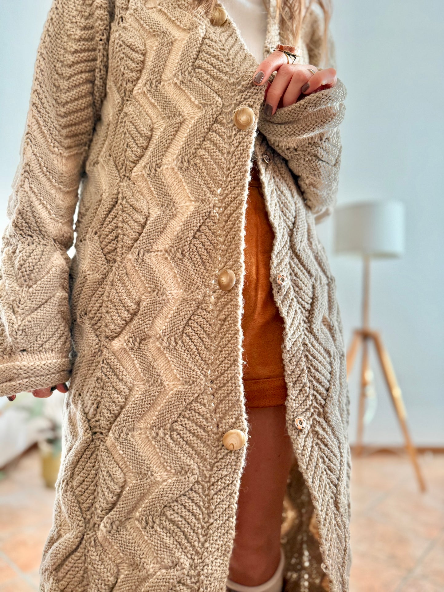 1970's vintage beige and cream chevron knit wool button down midi dress