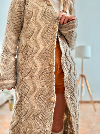 1970's vintage beige and cream chevron knit wool button down midi dress