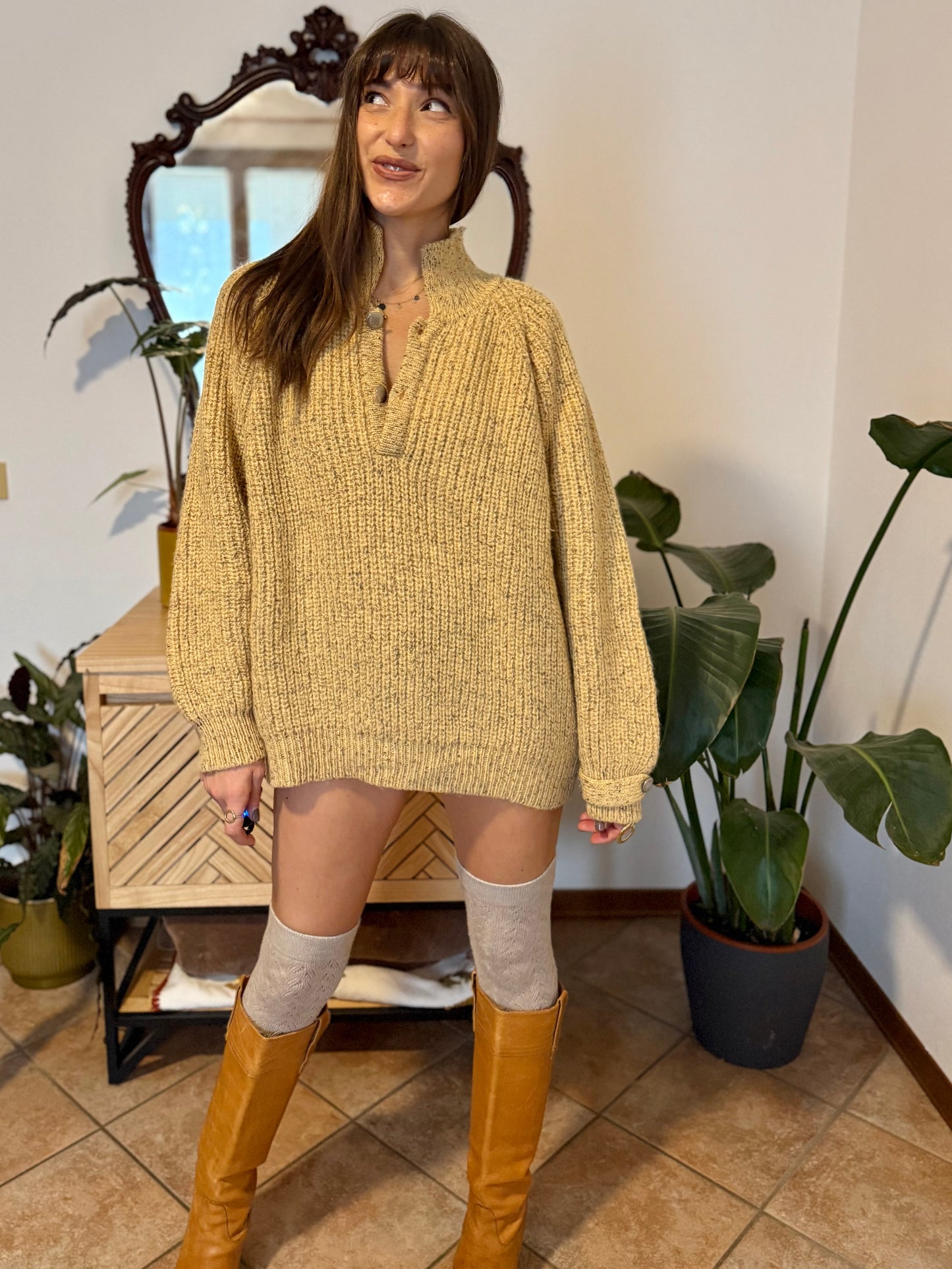 1970's vintage yellow thick knit wool pullover with grey flecks throughout