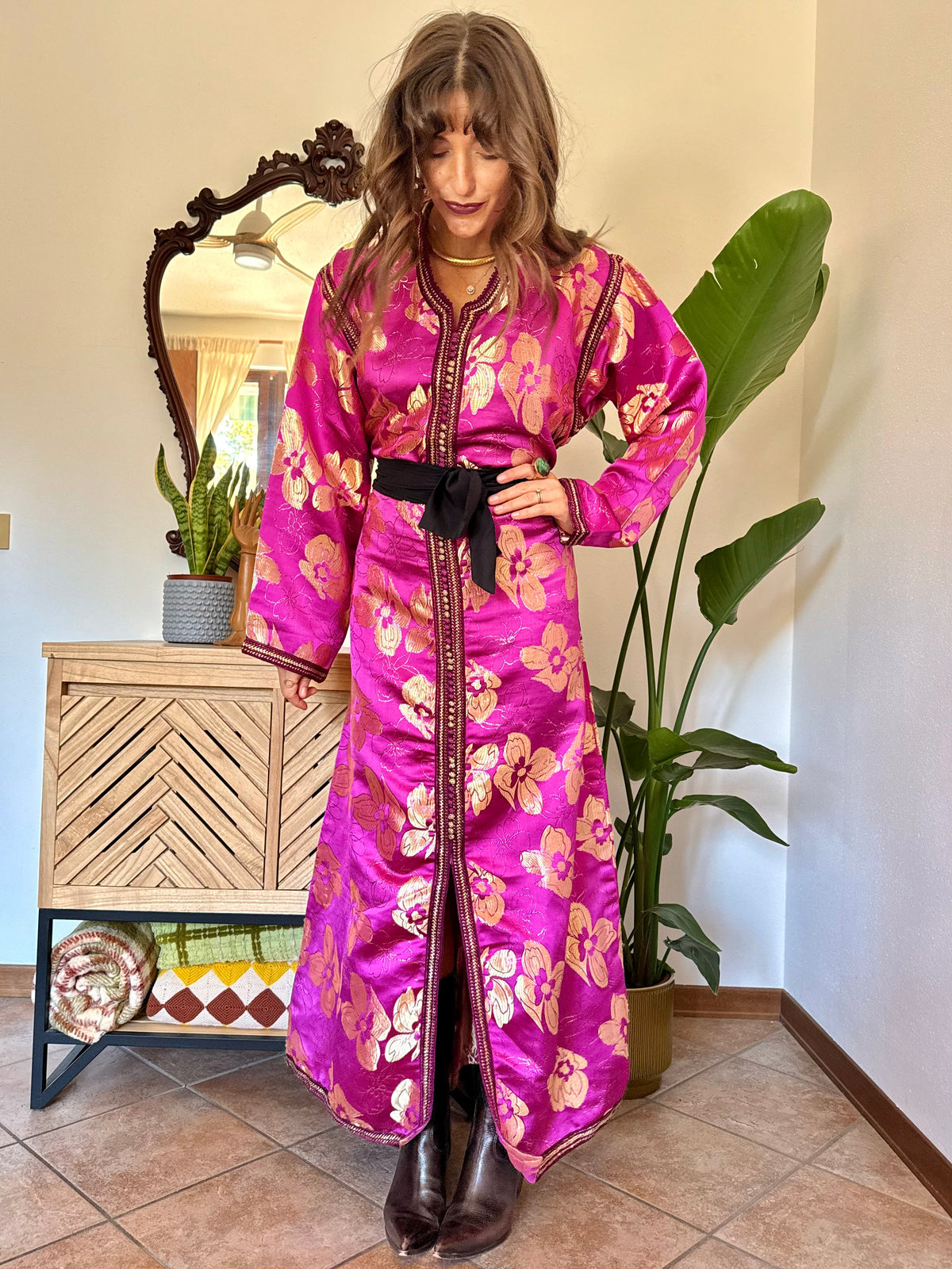 1970’s vintage fuchsia and gold floral weave brocade satin maxi dress